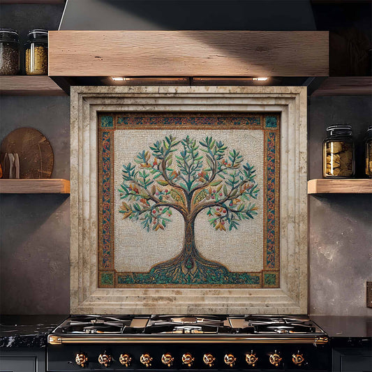 Mosaic Harvest Tempered Glass Backsplash – Mediterranean Tree of Life Kitchen Backsplash