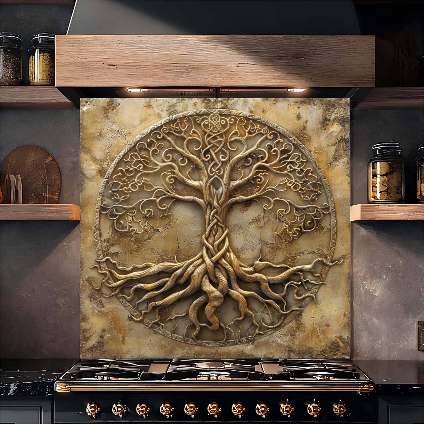 Golden Root Tempered Glass Backsplash – Tree of Life Kitchen Backsplash