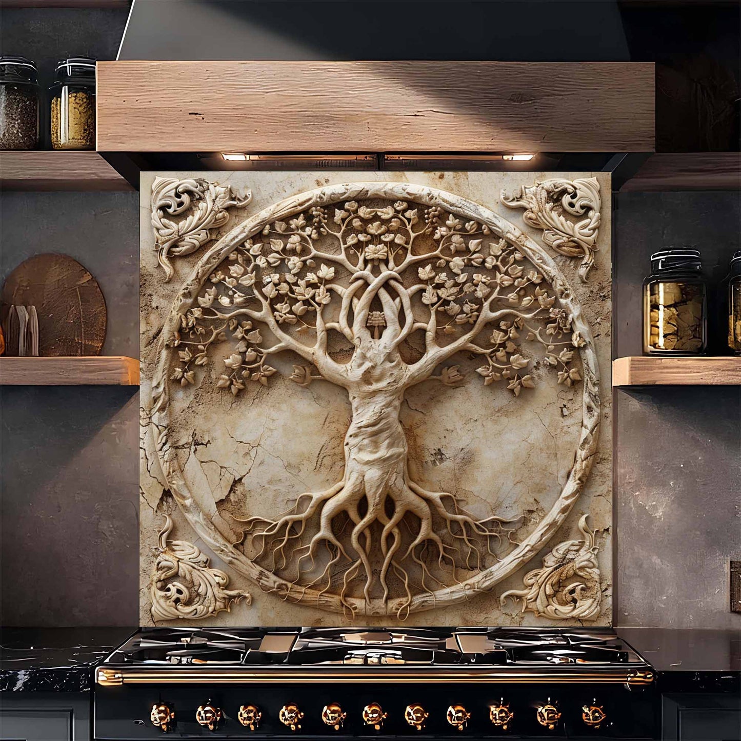 Sacred Blossom Tempered Glass Backsplash –  Tree of Life Kitchen Backsplash