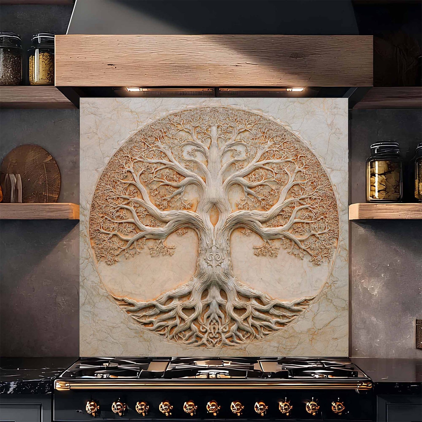 Circle Harmony Tempered Glass Backsplash – Tree of Life Kitchen Backsplash