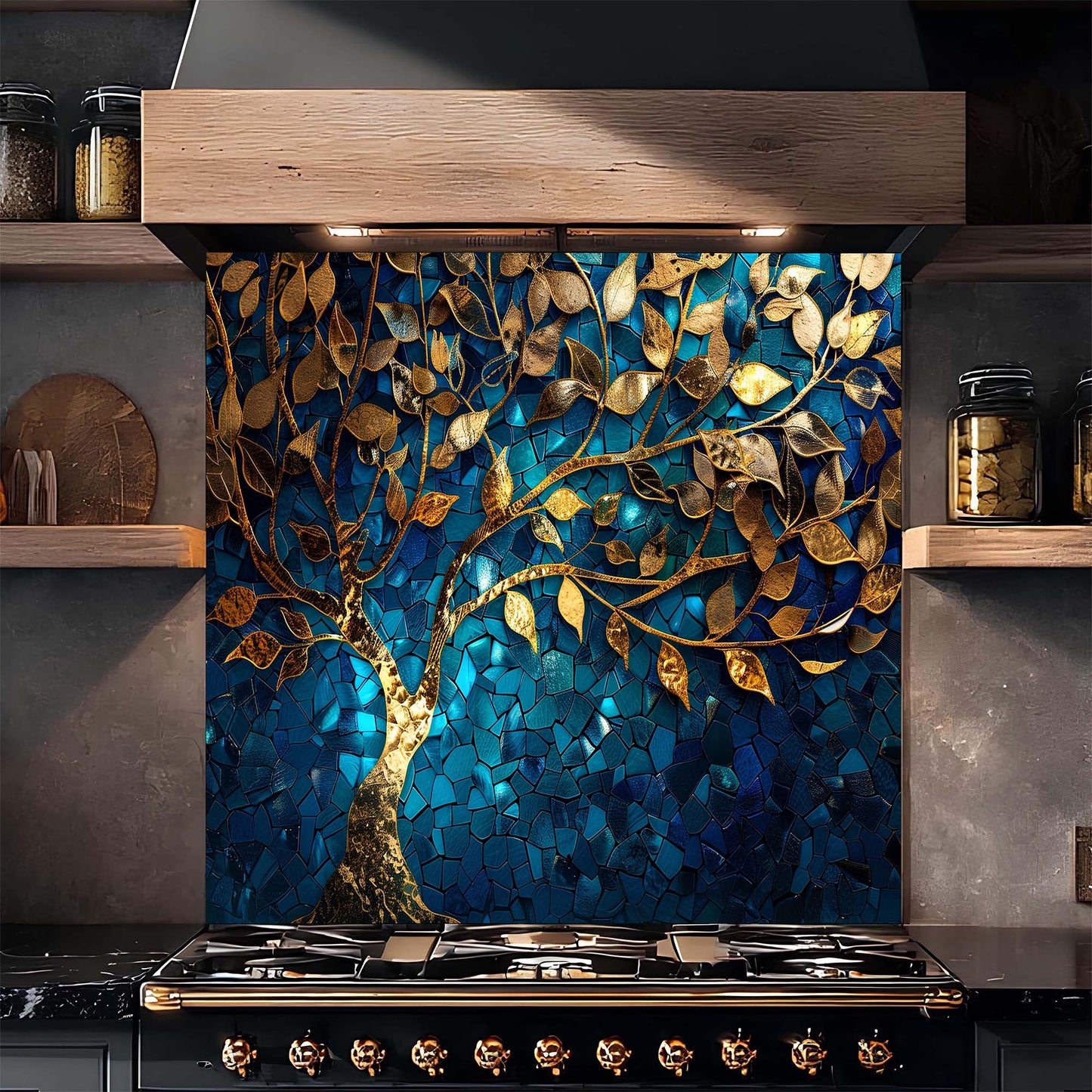 Custom Kitchen Backsplash – Golden Mosaic Look Tree Tempered Glass Backsplash