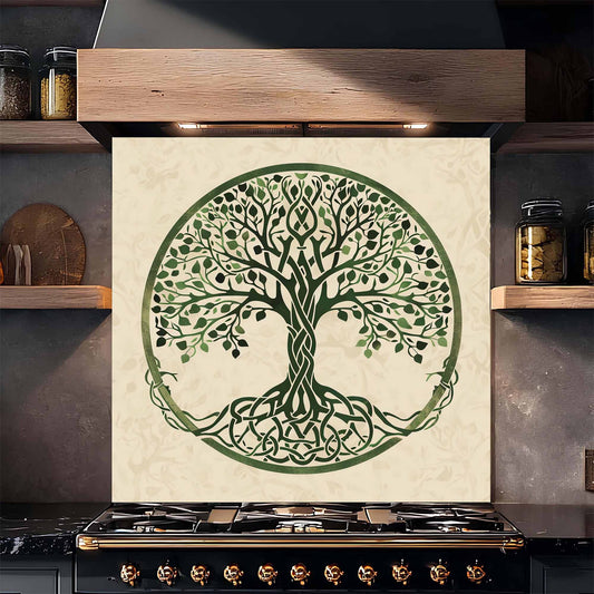Celtic Roots Tempered Glass Backsplash – Green Tree of Life Kitchen Backsplash for Stove