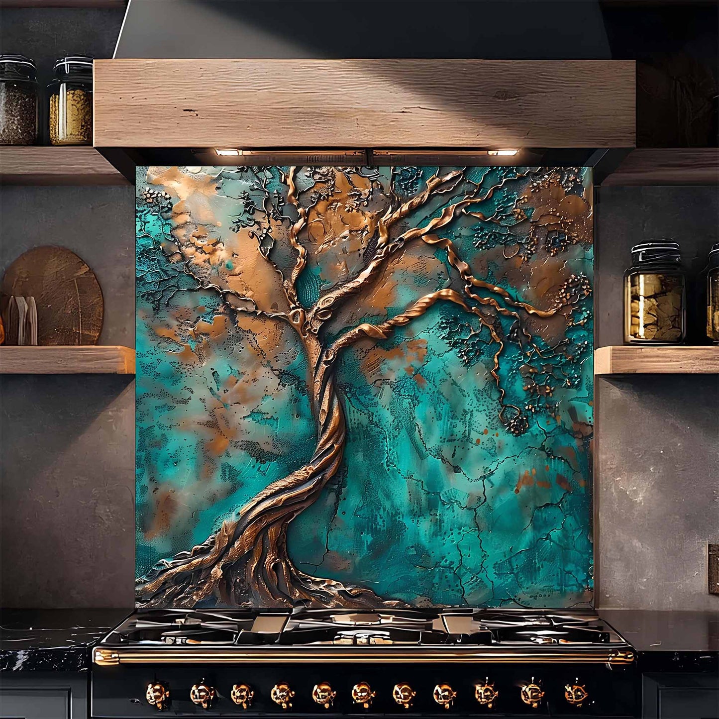 Verdigris Flow Tree Kitchen Backsplash – Tempered Glass Backsplash Behind Stove