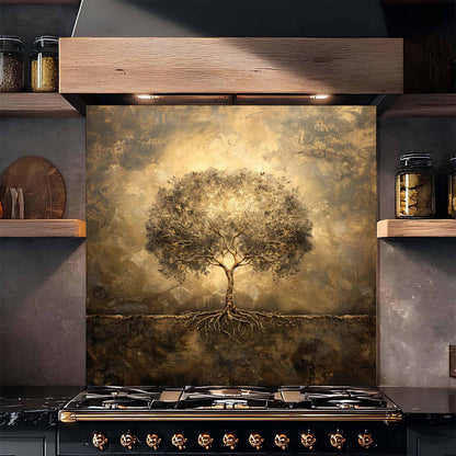 Golden Aura Tempered Glass Backsplash – Tree of Life Kitchen Backsplash