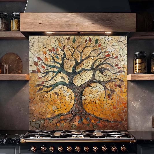 Rustic Tempered Glass Backsplash – Autumn Mosaic Tree of Life Kitchen Backsplash