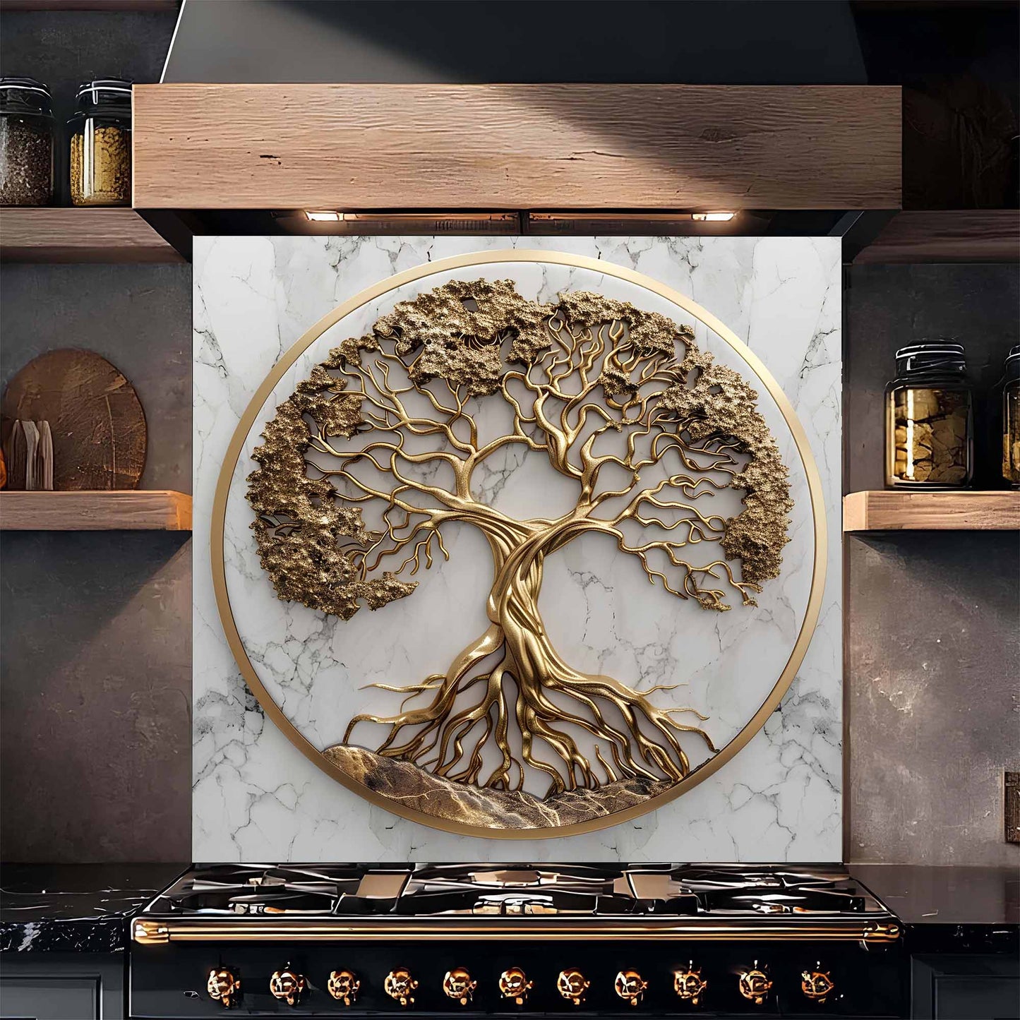 Golden Marble Tree Kitchen Backsplash – Tempered Glass Backsplash for Stove
