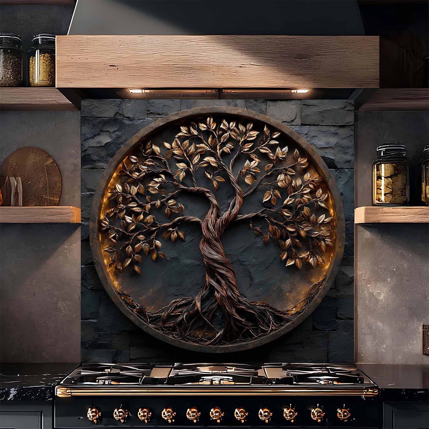 Shadowroot Circle Tree Glass Backsplash – Tempered Glass Backsplash for Kitchen