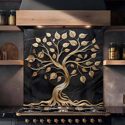 Golden Vine Tree Stove Backsplash – Tempered Glass Backsplash for Kitchen