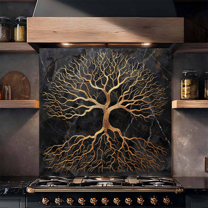 Golden Rooted Tree Glass Backsplash – Kitchen Backsplash Behind Stove