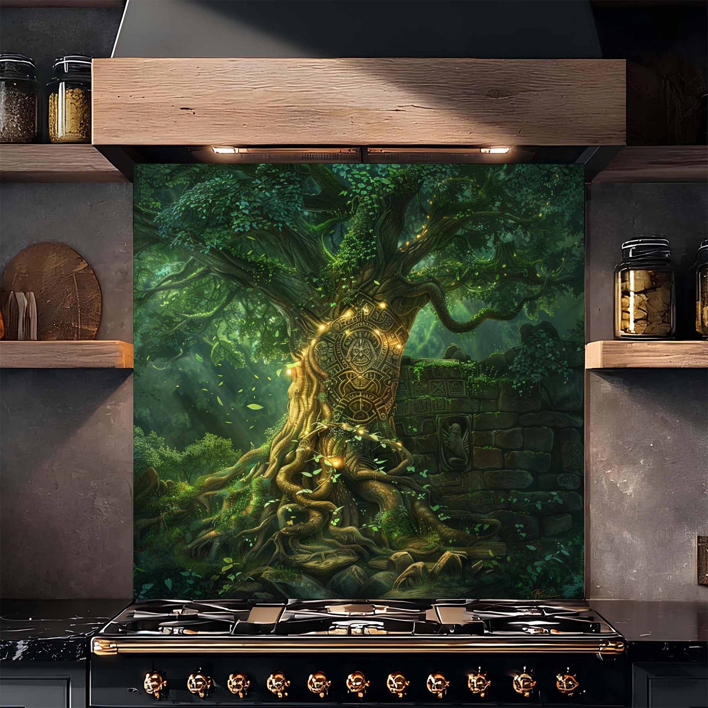 Mystic Grove Tree Tempered Glass Backsplash – Kitchen Backsplash for Stove
