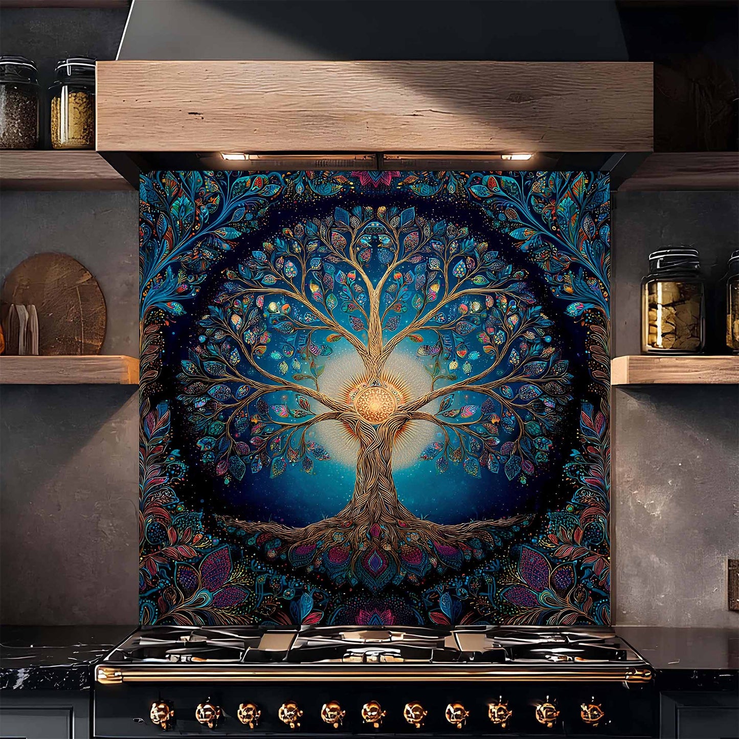 Celestial Bloom Tree Tempered Glass Backsplash – Back Splashes for Kitchen