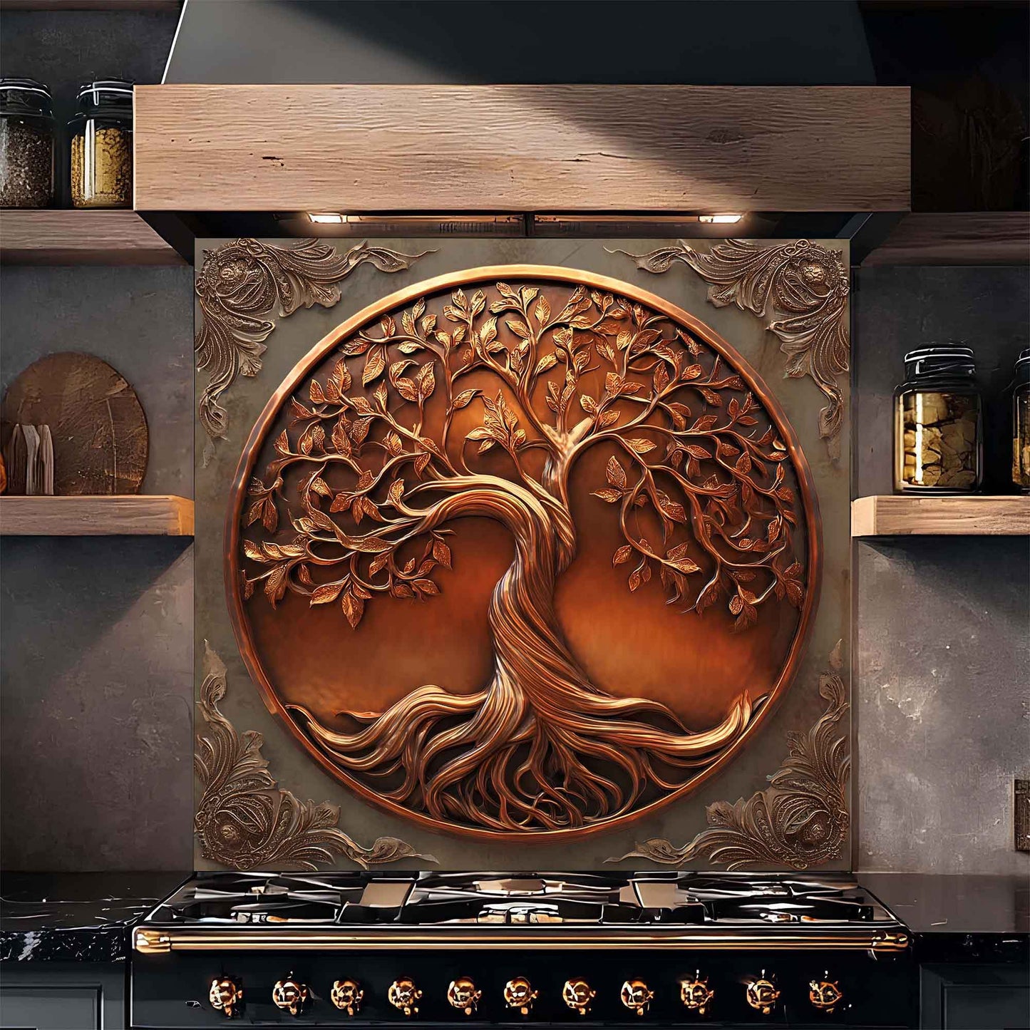 Copper Tree of Life Kitchen Backsplash - Tempered Glass Backsplash