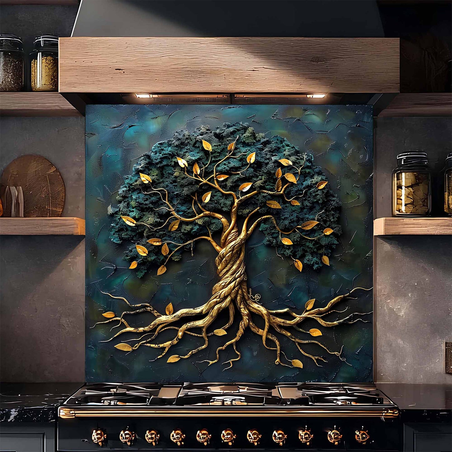 Golden Roots Tree Glass Backsplash – Tempered Glass Backsplash for Kitchen