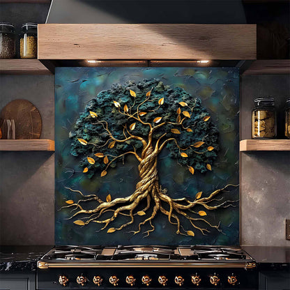 Golden Roots Tree Glass Backsplash – Tempered Glass Backsplash for Kitchen