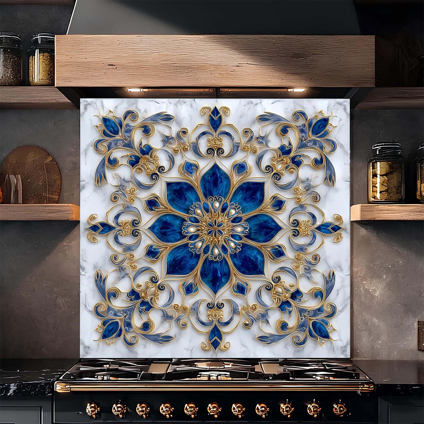Custom Kitchen Backsplash – Royal Sapphire Tempered Glass Stove Backsplash