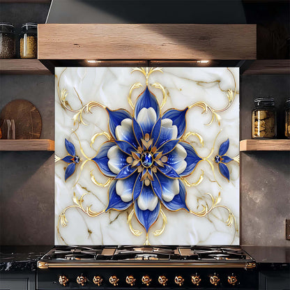 Tempered Glass Backsplash for Kitchen – Royal Blue Blossom Custom Splashback