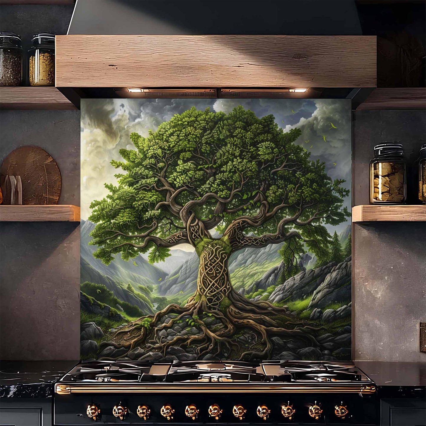Celtic Mountain Tree Tempered Glass Backsplash – Kitchen Backsplash Behind Stove