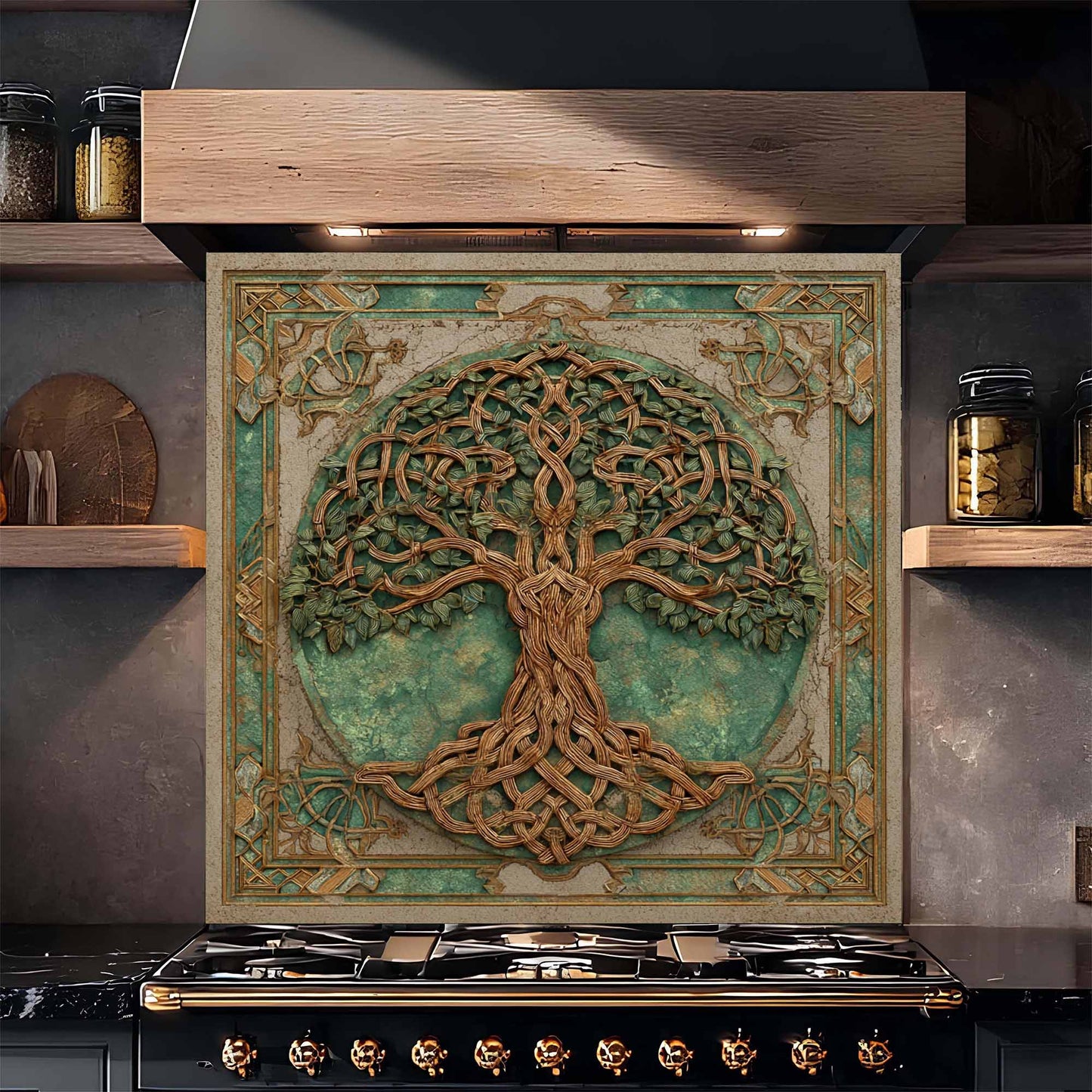 Verdant Weave Tempered Glass Backsplash – Tree of Life Kitchen Backsplash
