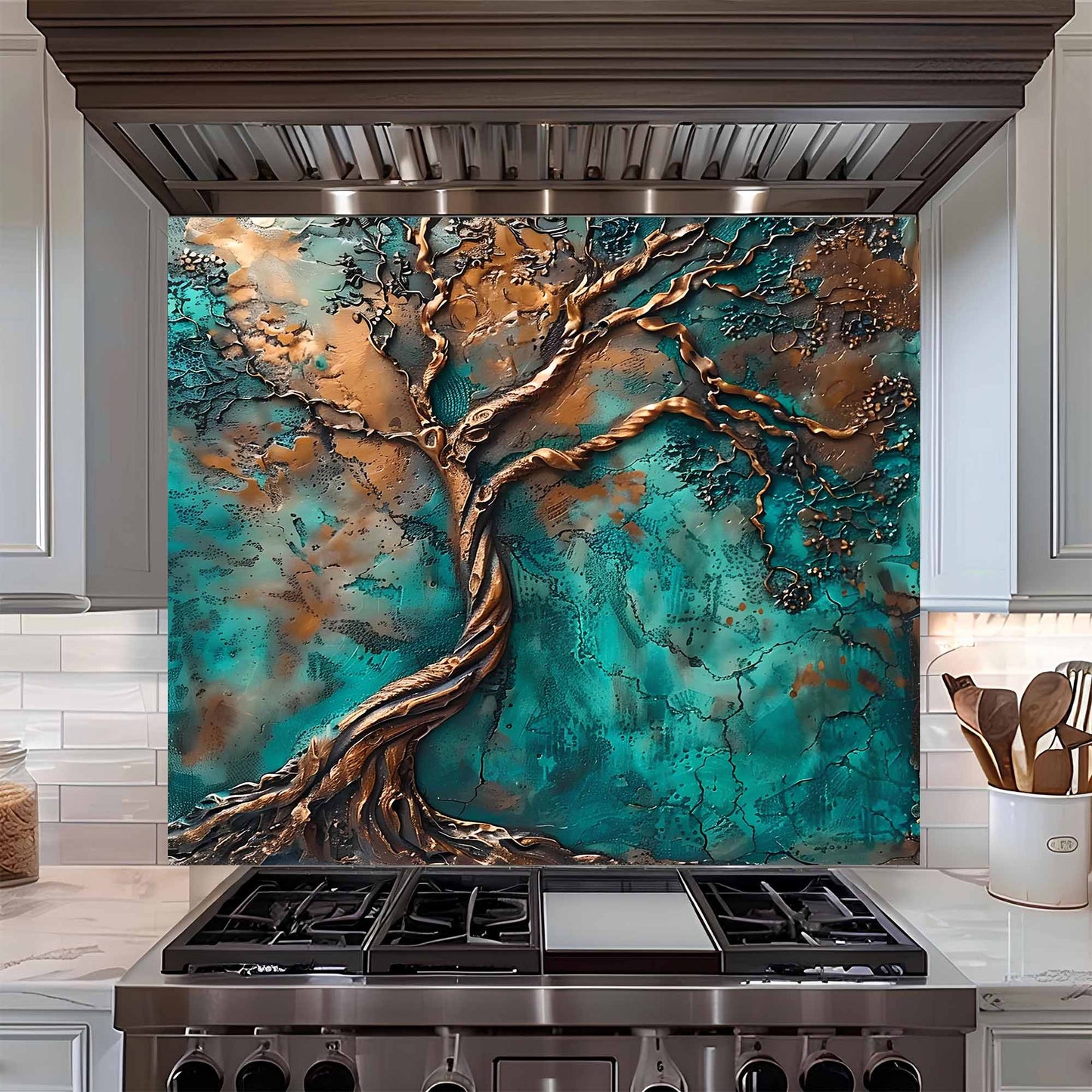 Verdigris Flow Tree Kitchen Backsplash – Tempered Glass Backsplash Behind Stove