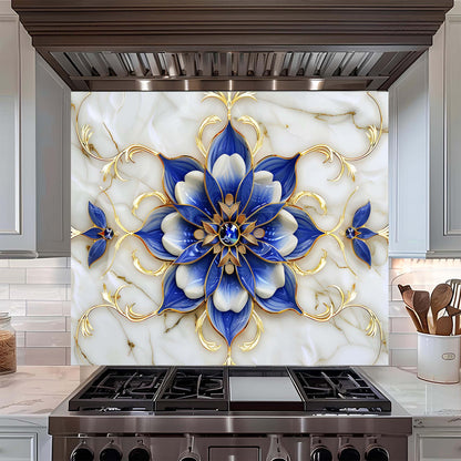 Tempered Glass Backsplash for Kitchen – Royal Blue Blossom Custom Splashback