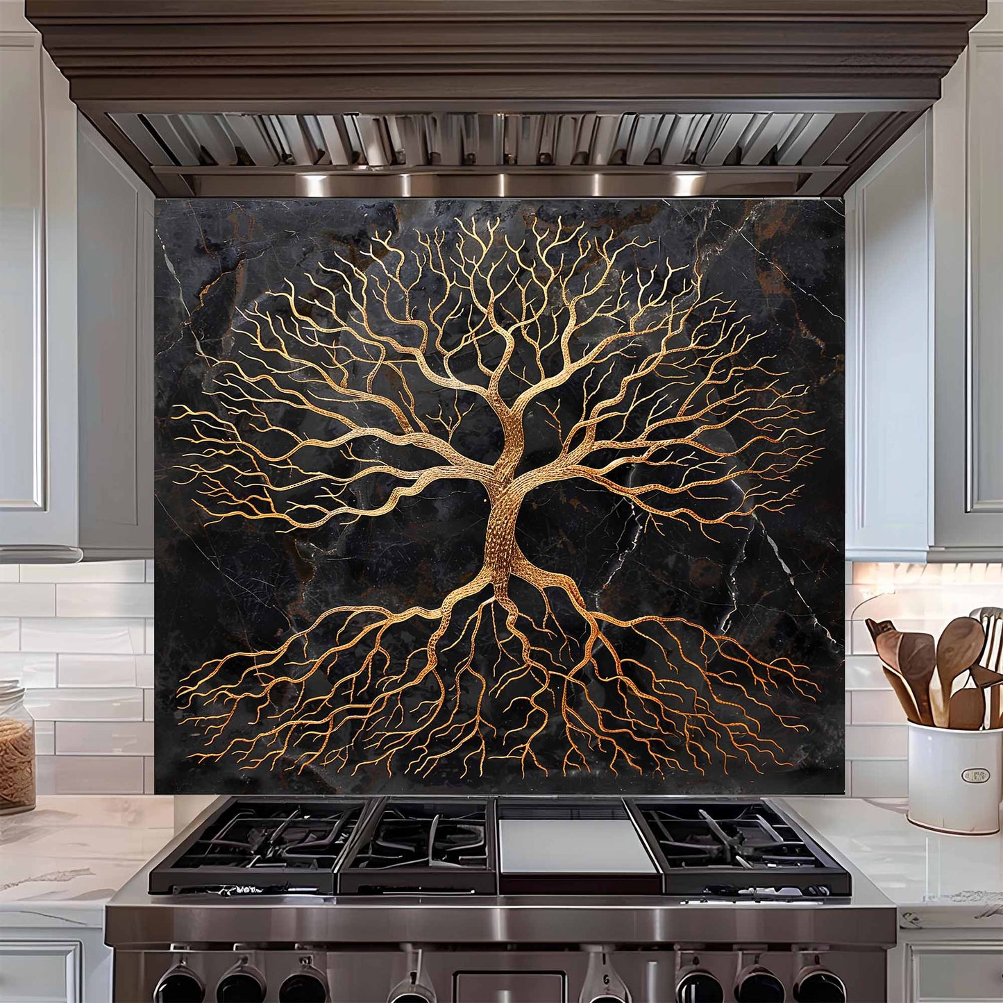 Golden Rooted Tree Glass Backsplash – Kitchen Backsplash Behind Stove