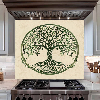 Celtic Roots Tempered Glass Backsplash – Green Tree of Life Kitchen Backsplash for Stove
