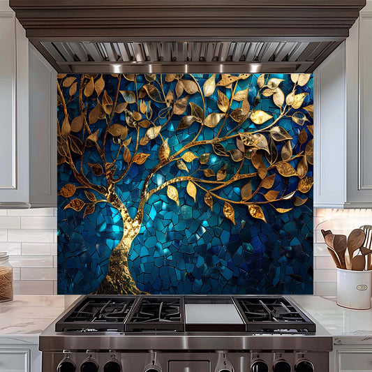 Custom Kitchen Backsplash – Golden Mosaic Look Tree Tempered Glass Backsplash