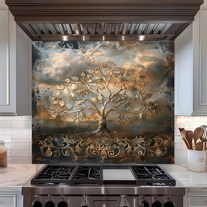 Golden Flourish Kitchen Backsplash –  Tree of Life Glass Backsplash for Stove