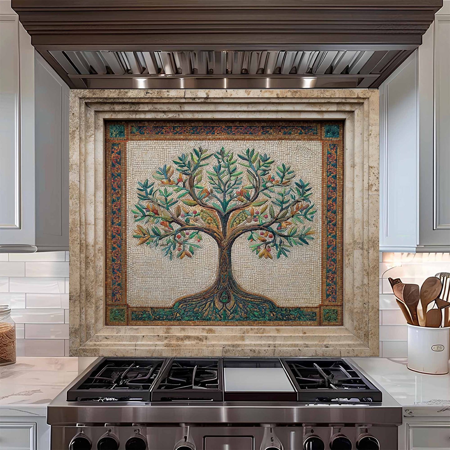 Mosaic Harvest Tempered Glass Backsplash – Mediterranean Tree of Life Kitchen Backsplash