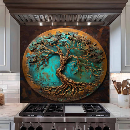 Verdigris Copper Tree Tempered Glass Backsplash – Rustic Glass Backsplash for Kitchen