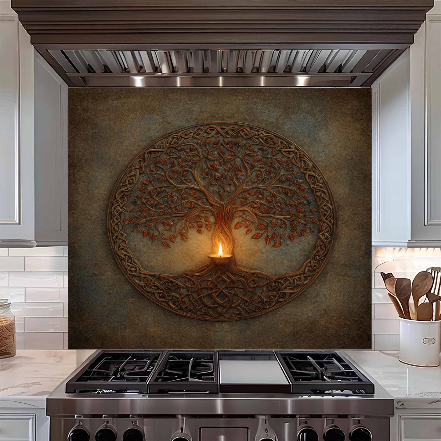 Celtic Light Tempered Glass Backsplash – Tree of Life Kitchen Backsplash