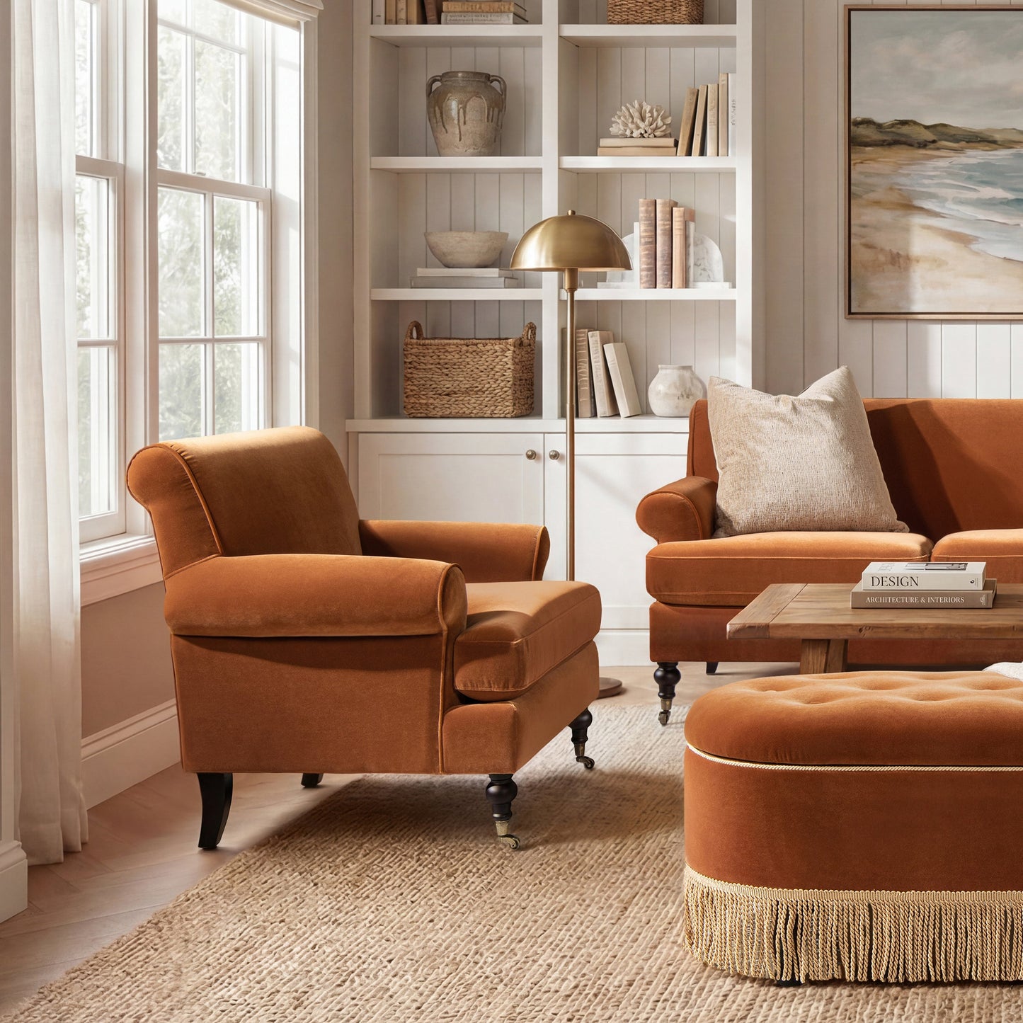 Alana 38' Lawson Accent Arm Chair Metal Casters, Burnt Orange Performance Velvet