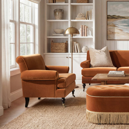 Alana 38' Lawson Accent Arm Chair Metal Casters, Burnt Orange Performance Velvet