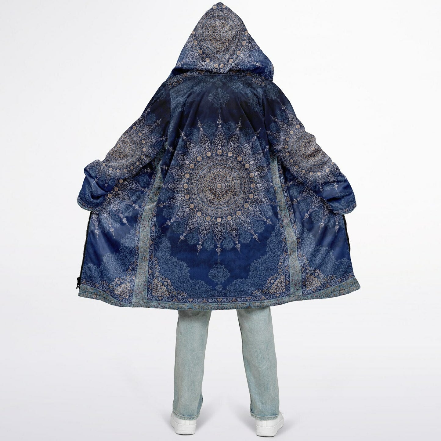 Radial Blue Persian Carpet Cuddle Coat | Unisex Minky Sherpa Lined Coat with Hood, Zipper and Pockets | Women and Mens Festival Coat | Mountain Fashion