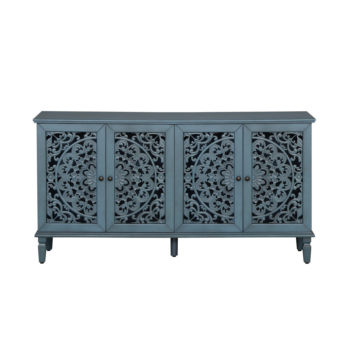60" Antique Buffet Cabinet with Floral Carvings and Adjustable Shelves