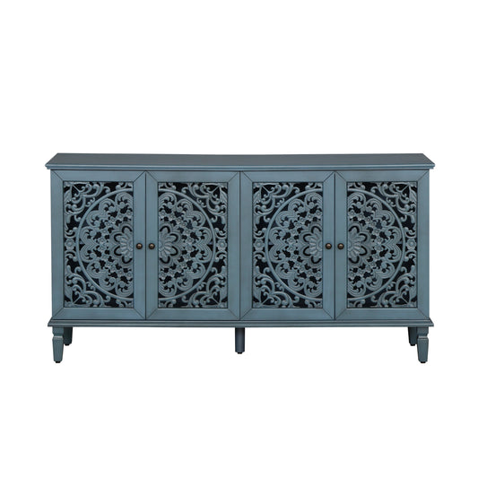 60" Antique Buffet Cabinet with Floral Carvings and Adjustable Shelves