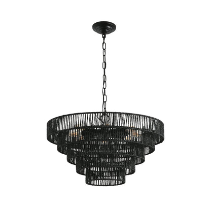 24' Rustic 5-Tier Black Hemp Rope Pendant Light Chandelier