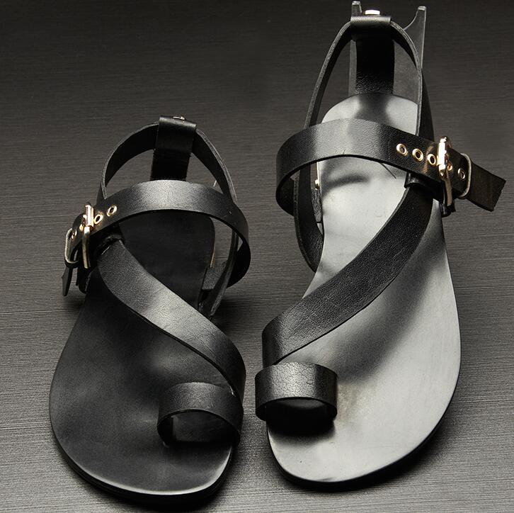 Men's Hollow Leather Roman Sandals, Thong Design