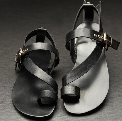 Men's Hollow Leather Roman Sandals, Thong Design