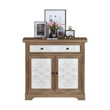 Rustic Vintage Accent Cabinet with Carved Floral Panels