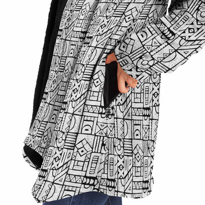 Zentangle Cuddle Cloak | Black White | Unisex Minky Sherpa Lined Hooded Coat | Women and Mens Festival Coat | Mountain Fashion