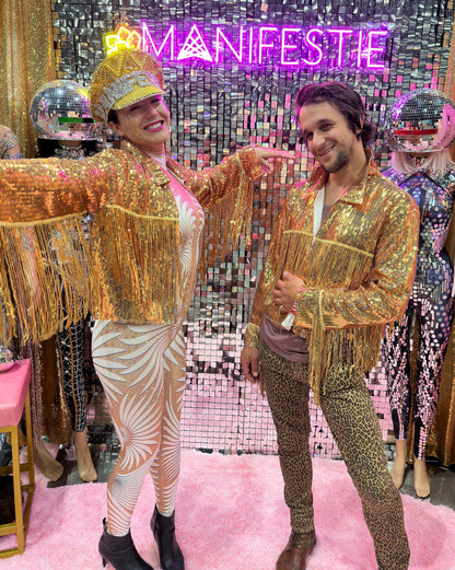 Unisex Gold Sequin Jacket, Disco Jacket, Vintage Fringed Coat, Boho Tinsel Jacket with Tassels, Western Jacket, Bohemian Party Jacket