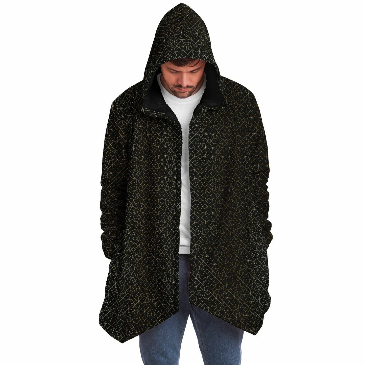Black and Gold Sacred Geometry Flower Cuddle Cloak | Unisex Minky Sherpa Lined Hooded Coat | Women and Mens Festival Coat | Mountain Fashion