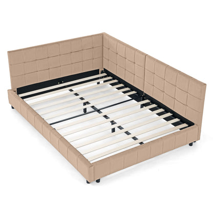 Mid-Century Storage Upholstered Tufted Bed Frame with Backrest and Armrests