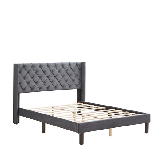 Velvet Button Tufted Upholstered Bed with Wings Design - Queen