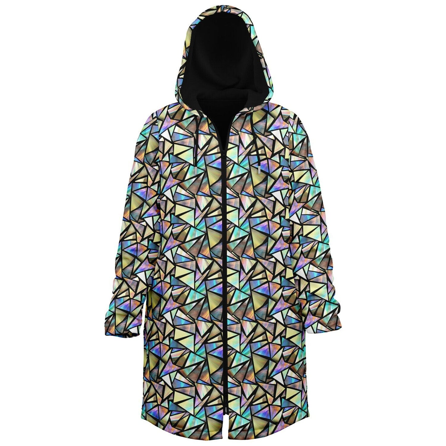 Geo Prism Cuddle Coat | Unisex Minky Sherpa Lined Coat with Hood, Zipper and Pockets | Women and Mens Festival Coat | Mountain Fashion