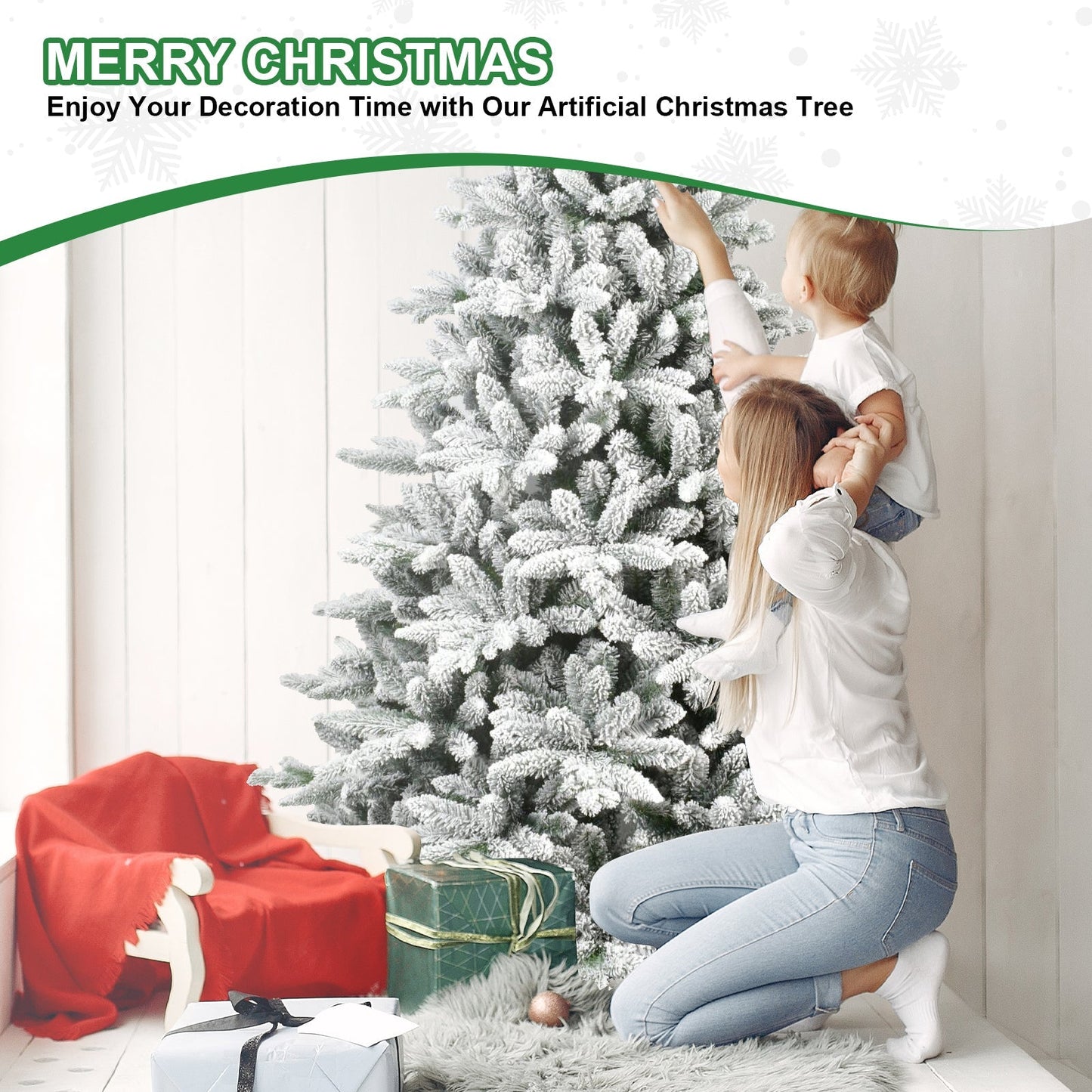 6ft Snow-Flocked Pre-Lit Christmas Tree with 1100 PE+PVC Tips