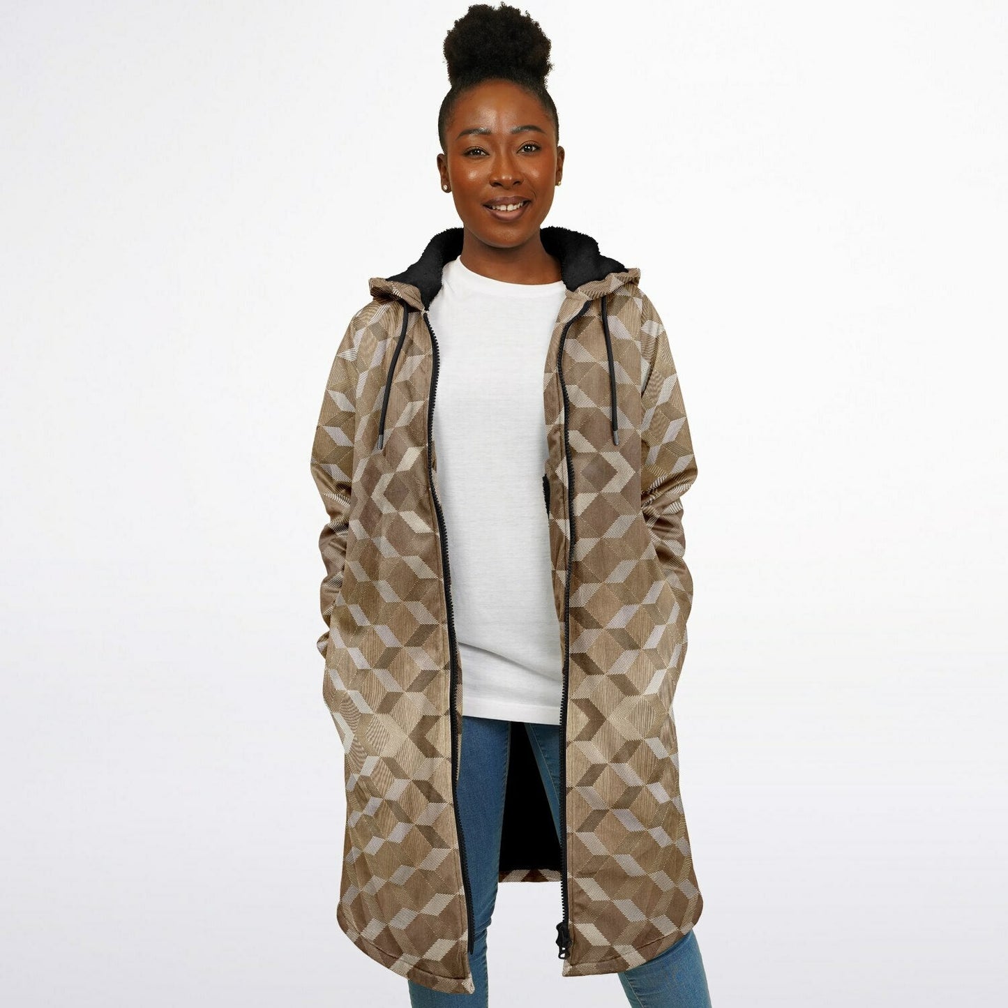 Gold Cube Cuddle Coat | Unisex Minky Sherpa Lined Coat with Hood, Zipper and Pockets | Women and Mens Festival Coat | Mountain Fashion
