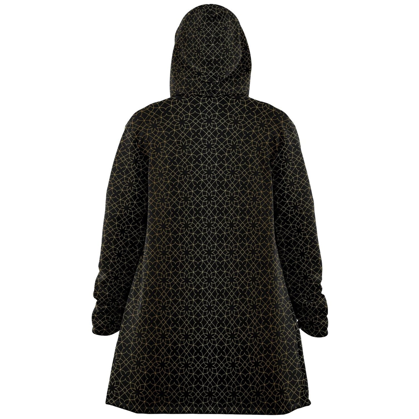 Black and Gold Sacred Geometry Flower Cuddle Cloak | Unisex Minky Sherpa Lined Hooded Coat | Women and Mens Festival Coat | Mountain Fashion