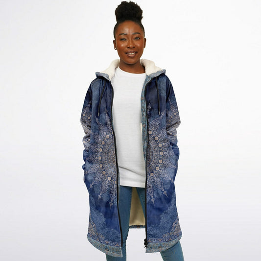 Radial Blue Persian Carpet Cuddle Coat | Unisex Minky Sherpa Lined Coat with Hood, Zipper and Pockets | Women and Mens Festival Coat | Mountain Fashion